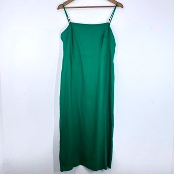 Rachel Zoe Green Linen Blend Midi Dress Spaghetti Strap Smocked Back Casual NWT - Picture 1 of 10